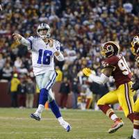 Dallas QB Matt Cassel throws a pass as Washington's Preston Smith closes in on Monday night. Cowboys stay in playoff race