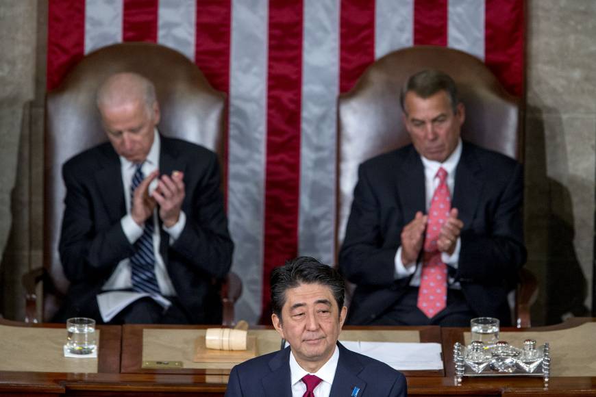 Prime minister Shinzo Abe addresses a joint meeting of Congress with U.S. House Speaker John Boehner and Vice President Joseph Biden in Washington on April 29.