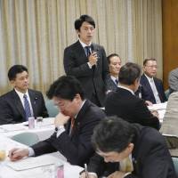 Liberal Democratic Party lawmaker Shinjiro Koizumi addresses a party panel meeting in January. In pivot toward youth, wage inequality, LDP bidding for DPJ core vote