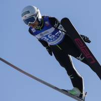 Sara Takanashi competes at a World Cup ski jumping event in Almaty on Friday. Takanashi claims 14th win of season