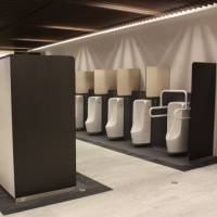 Cubicles in the men’s restroom in the Okazaki Service Area along the Shin-Tomei Expressway in Aichi Prefecture Highway operator taps big data to gauge toilet usage