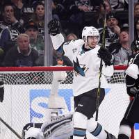 San Jose's Matt Nieto celebrates after scoring against the Kings on Friday. Sharks hold nerve to eliminate Kings