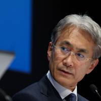 Kenichiro Yoshida, vice president and chief financial officer of Sony Corp., speaks during a news conference in Tokyo on April 28. Sony climbs as games outlook makes up for earthquake damage