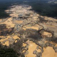 A deforested area dotted with blue tarps, marking the area where miners reside, and craters filled with water, caused by illegal gold mining activities, is seen nin 2014 in La Pampa, in Peru's Madre de Dios region. Peru's government has declared an emergency across a broad jungle region because of mercury contamination, much of it caused by wildcat gold mining. Peru declares jungle emergency over mercury contamination tied to wildcat gold mining