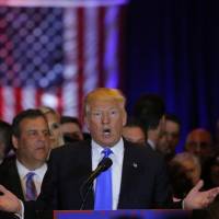Republican U.S. presidential candidate Donald Trump speaks to supporters at Trump Tower in New York on April 26. Trump remarks prompt debate over cost of Japan-U.S. defense ties