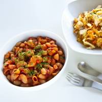 Making do: Tomato stew with macaroni and soy beans (left), and cabbage and potato-chip slaw with tuna (right) can both be made relatively easily after a disaster. A brief guide to dining after a disaster