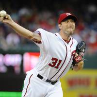 Washington's Max Scherzer fires a pitch against Detroit in the first inning on Wednesday night. Scherzer ties MLB mark with 20-strikeout game