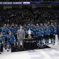 The San Jose Sharks pose for photos after a 5-2 victory over the St. Louis Blues during Game 6 of the Western Conference finals on Wednesday night. San Jose won the series 4-2 and advanced to the Stanley Cup Final for the first time in franchise history. Sharks down Blues to make Stanley Cup Final for 1st time