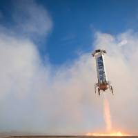 A BE-3 rocket ramps for a successful landing near Van Horn, Texas, in April. U.S. space firm Blue Origin conducted a successful fourth test Sunday of its reusable New Shepard rocket, which dropped back to Earth for a flawless upright landing seen on a live webcast. Texas rocket launch, upright return fourth success for Bezos-run space firm