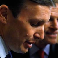 U.S. Sen. Chris Murphy and Sen. Richard Blumenthal speak to reporters after ending a 14-hour filibuster in the hopes of pressuring the U.S. Senate to action on gun control measures, at the U.S. Capitol in Washington Thursday. Winded, skeptical, Democrats may get GOP-led Senate to finally vote on gun bill
