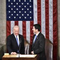 Vice President Joe Biden (left) and House Speaker Paul Ryan talk before Indian Prime Minister Narendra Modi addresses a joint meeting of Congress at the U.S. Capitol in Washington, D.C., on Wednesday. Ryan reneges on vow for open House debate, clamps down after LGBT rights plan sank energy bill