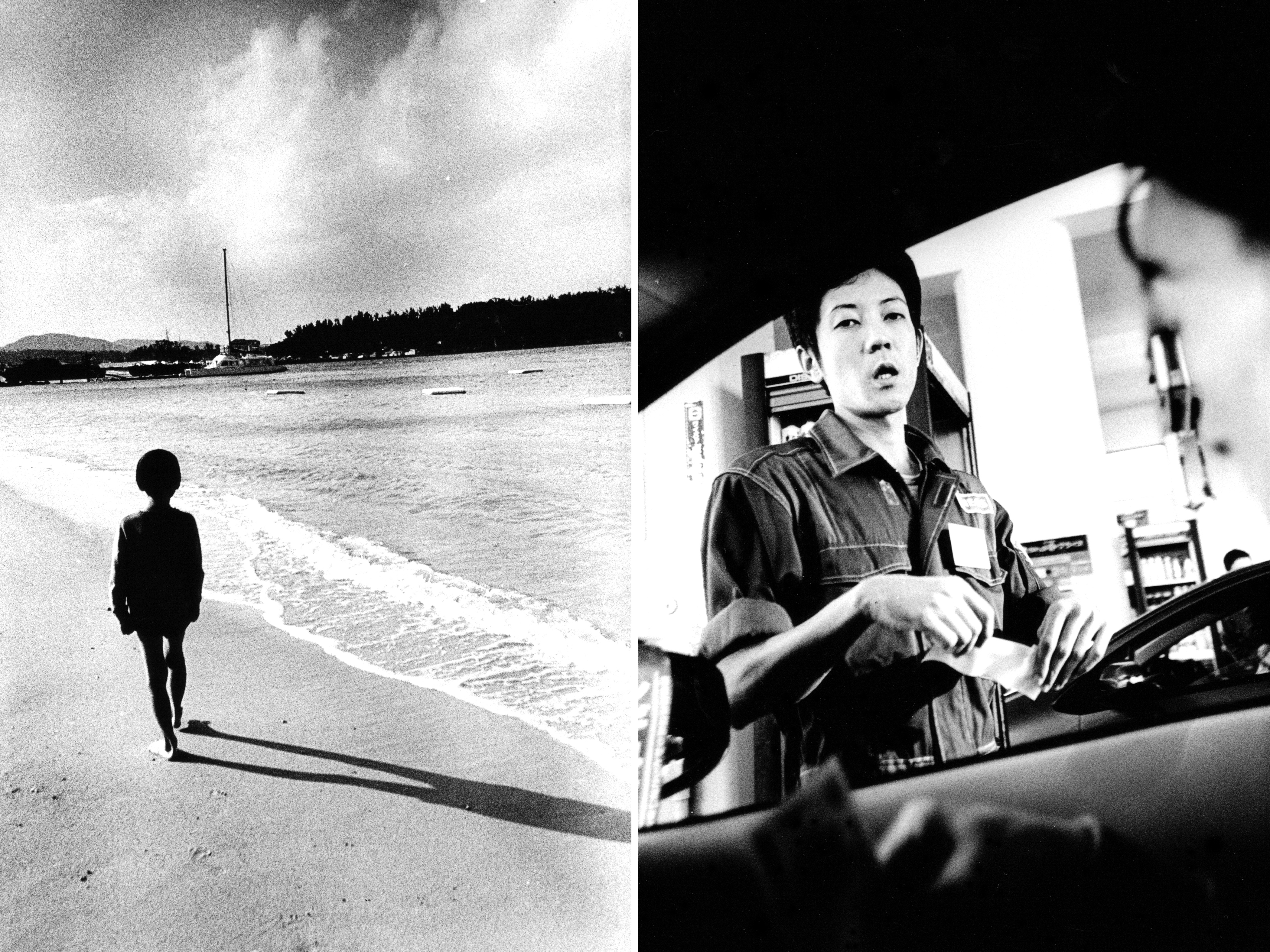 Left: A boy walks along Manza Beach, halfway up the main island of Okinawa. There was a vacationing Chinese family on the beach, but the boy isolated himself from the others, as if he was trying to listen to the ocean. Right: This guy pumped our gas on the drive south from Koza to Naha.