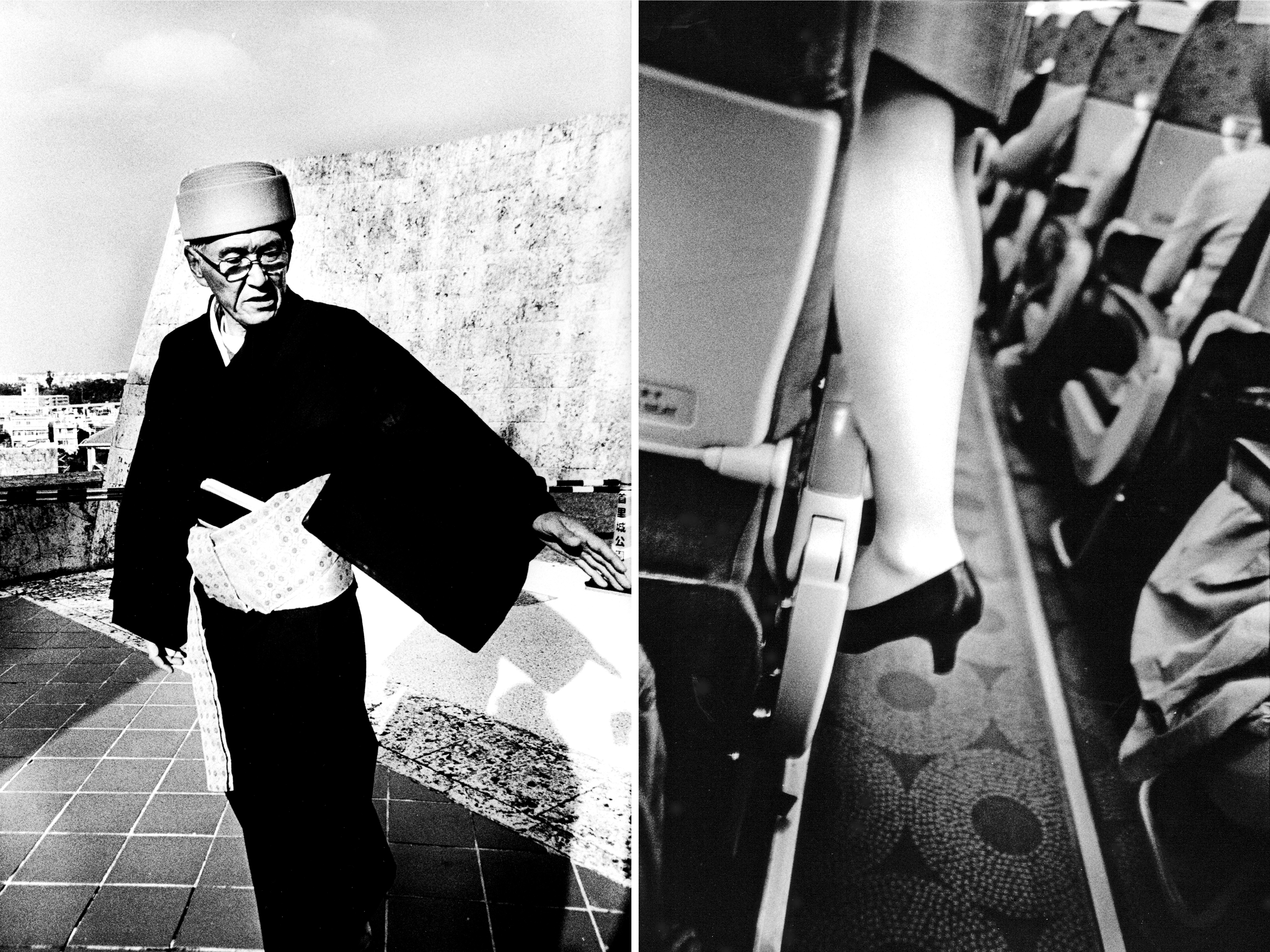 Above left: A man stands outside Shuri Castle, the old palace of the Ryukyu Kingdom. The castle was shelled by Allied forces for three days during World War II. Above right: A flight attendant tries to shut an overhead compartment before takeoff on the plane from Ishigaki to Naha.