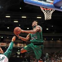 Former Saitama Broncos star John Helicopter Humphrey is seen competing in the Slam Dunk Contest during the bj-league's All-Star Game festivities in January 2012 at Saitama Super Arena. 'Helicopter' Humphrey joins new ABA squad RDC Vulcans as head coach