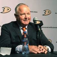 Randy Carlyle speaks after being introduced as the new head coach of the Ducks in Anaheim, California, on Tuesday. Carlyle previously coached the team for parts of seven seasons. Ducks bring back Carlyle as coach