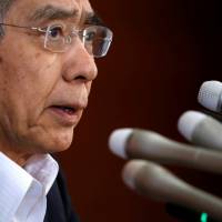 Bank of Japan Gov. Haruhiko Kuroda attends a news conference at the BOJ headquarters in Tokyo on Friday. Kuroda leads BOJ to a policy crossroads