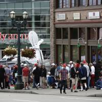 Supporters line up to see Republican presidential nominee Donald Trump speak at a rally at Xfinity Arena in Everett, Washington, Tuesday. TPP foe Trump set to blast trade in trade-dependent Boeing's backyard