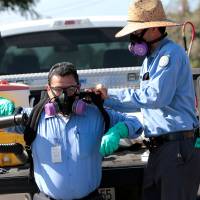 A man gets help putting on his spraying apparatus as San Diego County officials hand-spray a two-block area to help prevent the mosquito-borne transmission of the Zika virus in the city on Friday. Zika spreads to Miami Beach; U.S. expands travel warning