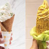 Sweet stuff: Dominique Ansel Bakery's amazake soft-serve ice cream (left) is topped with ginger and sansho pepper leaves, while its corn-flavored version (right) is dotted with blobs of corn jam. Tokyo serves up some frozen delights