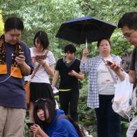 Augmented frivolity: Pokemon hunters are glued to their mobile phones as they play Pokemon Go in Shinjuku Gyoen National Garden in Tokyo. Japan's media blast away at the 'Pokemon Go' craze