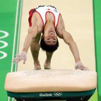 Kenzo Shirai competes in the vault apparatus final on Monday at the Rio Olympics. Shirai earned the bronze medal in the event. Shirai takes bronze in vault with new trick