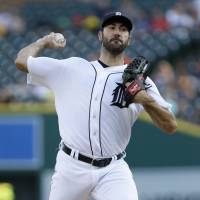 Detroit's Justin Verlander pitches against Los Angeles in the first inning on Friday. The Tigers beat the Angels 4-2. Verlander sharp again for Tigers