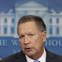 Ohio Gov. John Kasich speaks at a White House news briefing on Friday after meeting with President Barack Obama on the Trans-Pacific Partnership and other topics. Obama enlists Republican Gov. Kasich to push for TPP trade deal