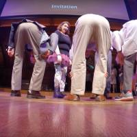 Scientists demonstrate a different perspective by peering between their legs at the 2016 Ig Nobel award ceremony Thursday at Harvard University. Professors Atsuki Higashiyama and Kohei Adachi won the perception prize for their research, presented in the paper “Perceived size and perceived distance of targets viewed from between the legs: Evidence for proprioceptive theory.” Japanese scientists bend over forward to win an Ig Nobel prize for perception study