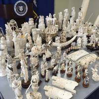 Carved elephant ivory from illegal trade is displayed during a news conference at the Manhattan Family Justice Center on Thursday in New York. The New York authorities seized $4.5 million worth of illegal elephant ivory items in what they described as the biggest bust in the state's history, officials said Thursday. Global efforts to stop ivory traffickers still falling short