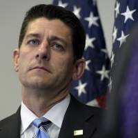 House Speaker Paul Ryan listens during a news conference on Capitol Hill in Washington Wednesday following a meeting with House Republicans. Republicans seek to use spending bill to close door on Syria refugees