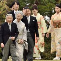 Japanese Emperor Akihito, Empress Michiko and the imperial family members at an annual autumn garden party at the Akasaka Palace imperial garden in Tokyo on Nov. 6, 2014. Panel formed to ease burden on Emperor Akihito but abdication issue looms