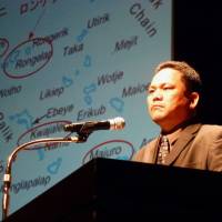 Marshall Islands lawmaker Kenneth Kedi speaks during a rally in Yaizu, Shizuoka Prefecture, in March 2013. Marshall Islands speaker urges disarmament during visit to Kazakhstan test site