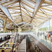 Concept art for the new station designed by renowned architect Kengo Kuma on Tokyo's Yamanote Line between Tamachi and Shinagawa stations shows a large open ceiling space with wooden pillars. Architect Kengo Kuma to design new station on Tokyo's Yamanote Line