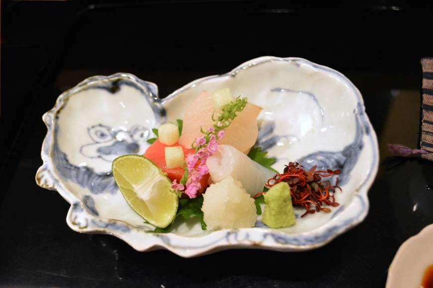 Moriwaki Bite-sized bliss: The sashimi course at Moirwaki includes servings of kinmedai (splendid alfonsino) and chū-toro (tuna belly-flesh). | J.J. O'DONOGHUE