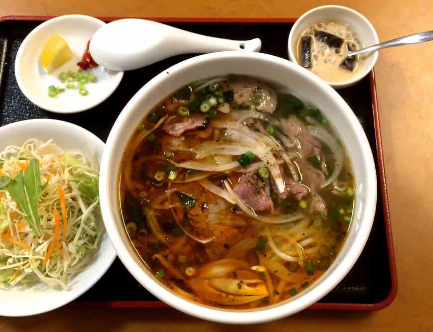 Cam On Pho Southeast Asian style: Spicy bun bo hue noodles at Cam On Pho are included with a lunchtime set meal. | ROBBIE SWINNERTON