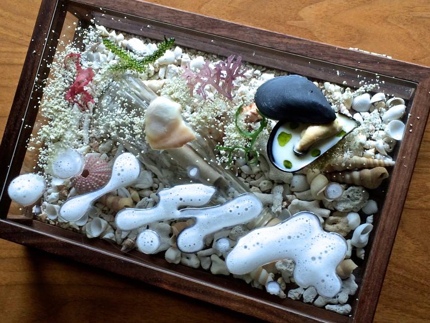 Celaravird Delectable diorama: A sandy summer beach with seasonal seafood, from the summer menu at Celaravird. | ROBBIE SWINNERTON