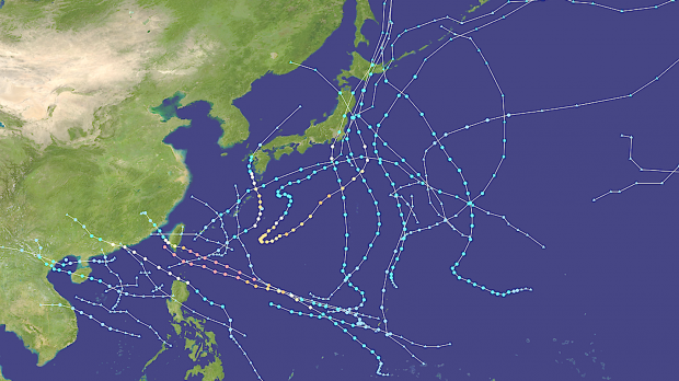 Tracking devastation: This map shows the tracks of tropical cyclones in the 2016 Pacific typhoon season up until Sept. 20. Points show the location of each storm at six-hour intervals. Japan's future typhoons: disruptive, deadly and destructive