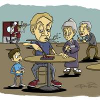This illustration by Adam Pasion accompanied the most-read JBC column, Yes, I can use chopsticks: the everyday 'microaggressions' that grind us down, (May 1, 2012). JBC marks 100 columns and a million page views