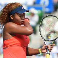 Naomi Osaka reacts after losing a point against Caroline Wozniacki during the Pac Pacific Open final on Sunday. Wozniacki halts Osaka's run in Pan Pacific Open final