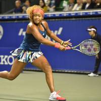 Naomi Osaka runs for a return during her Pan Pacific Open first-round win over Misaki Doi on Monday. Osaka sinks Doi at Pan Pacific Open