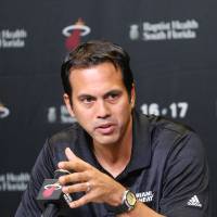 Heat coach Erik Spoelstra speaks during a news conference at the team's preseason media day in Miami on Monday. Riley says Bosh likely finished playing for Heat