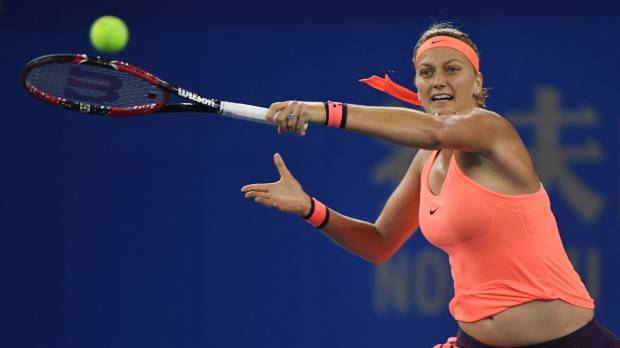 Petra Kvitova hits a return during her semifinal match against Simona Halep at the Wuhan Open on Friday. Kvitova whips Halep to book spot in Wuhan Open final
