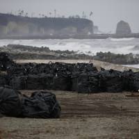 Black plastic bags containing radioactive soil, leaves and debris from decontamination operations are dumped at a seaside spot devastated by the March 2011 earthquake and tsunami in Tomioka, Fukushima Prefecture, near the Fukushima No. 1 nuclear power plant, in February 2015. German firm aims to compactly convert radioactive Fukushima wood into power