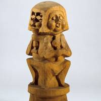 Ceramist Kanjiro Kawai (left) also took to wood carving later in his career, creating pieces such as “Wooden Statue” (c. 1958). Kanjiro Kawai sculpted a new vision of pottery