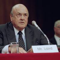 In this 1992 file photo, former Defense Secretary Melvin R. Laird testifies on Capitol Hill in Washington. Laird, defense secretary under Richard Nixon who helped engineer withdrawal of U.S. troops from Vietnam, has died. Nixon's Pentagon chief Melvin Laird, 'Vietnamization' advocate, dies at 94