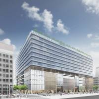 A sketch shows the exterior of the Ginza Six shopping mall, which is slated to open in April. Slew of redevelopment projects give Ginza a face-lift
