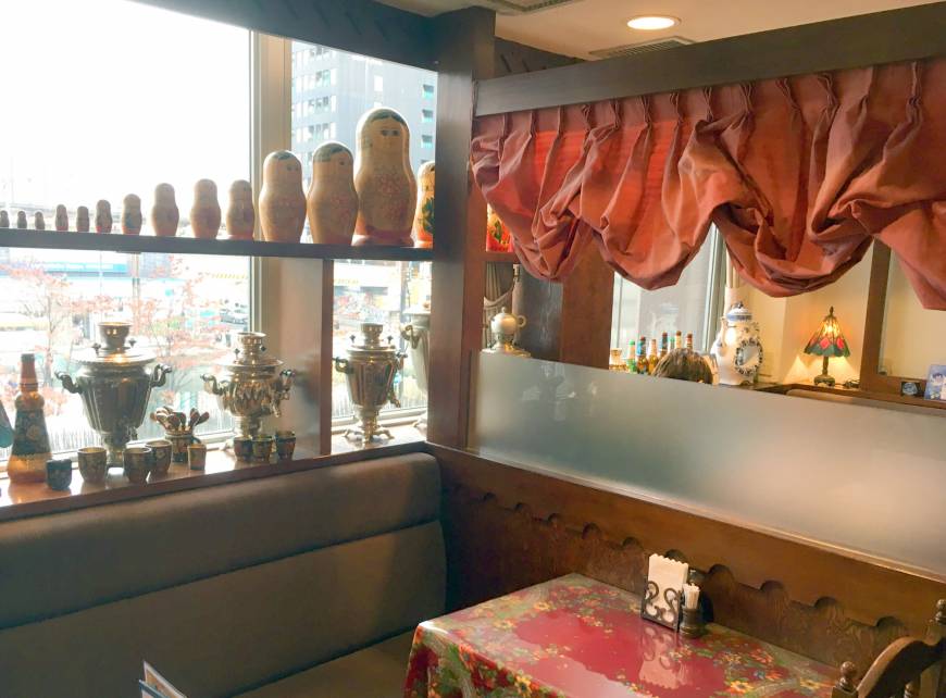 Matryoshka dolls dot the windowsill at Chaika, a Russian restaurant in Tokyo