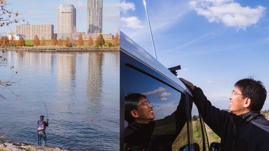 Left: A man fishes near the former Iwabuchi Water Gate. Right: Amateur radio enthusiast Mikihiro Matsura adjusts
his radio.