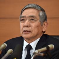 Bank of Japan Gov. Haruhiko Kuroda speaks during a news conference at the BOJ headquarters in Tokyo on Tuesday. BOJ lifts growth forecasts but warns of 'uncertainty'