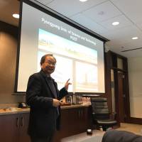 Yu Taik Chon, executive vice president of Pyongyang University of Science & Technology, speaks at a meeting with Texas A&M University seeking academic cooperation in College Station,Texas, Monday. Pyongyang's only private university reaches out to Texas A&M for crop lessons